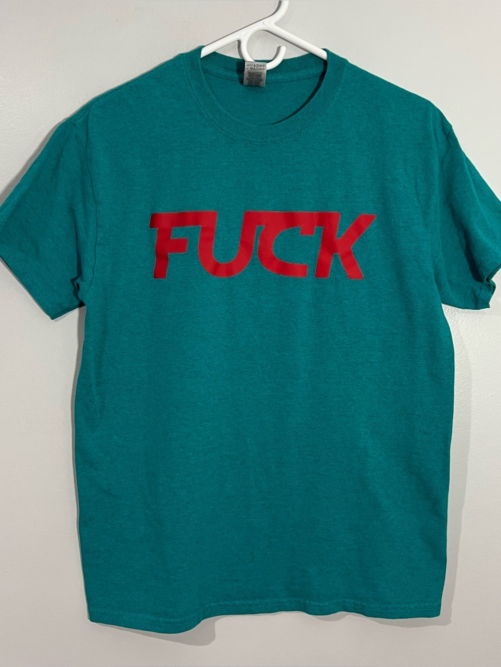 Gildan Fvck Spellout Teal Blue Red Short Sleeve T-Shirt Mens Size Medium M